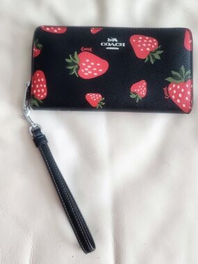 NWOT COACH Black Wallet with Red Strawberry Print